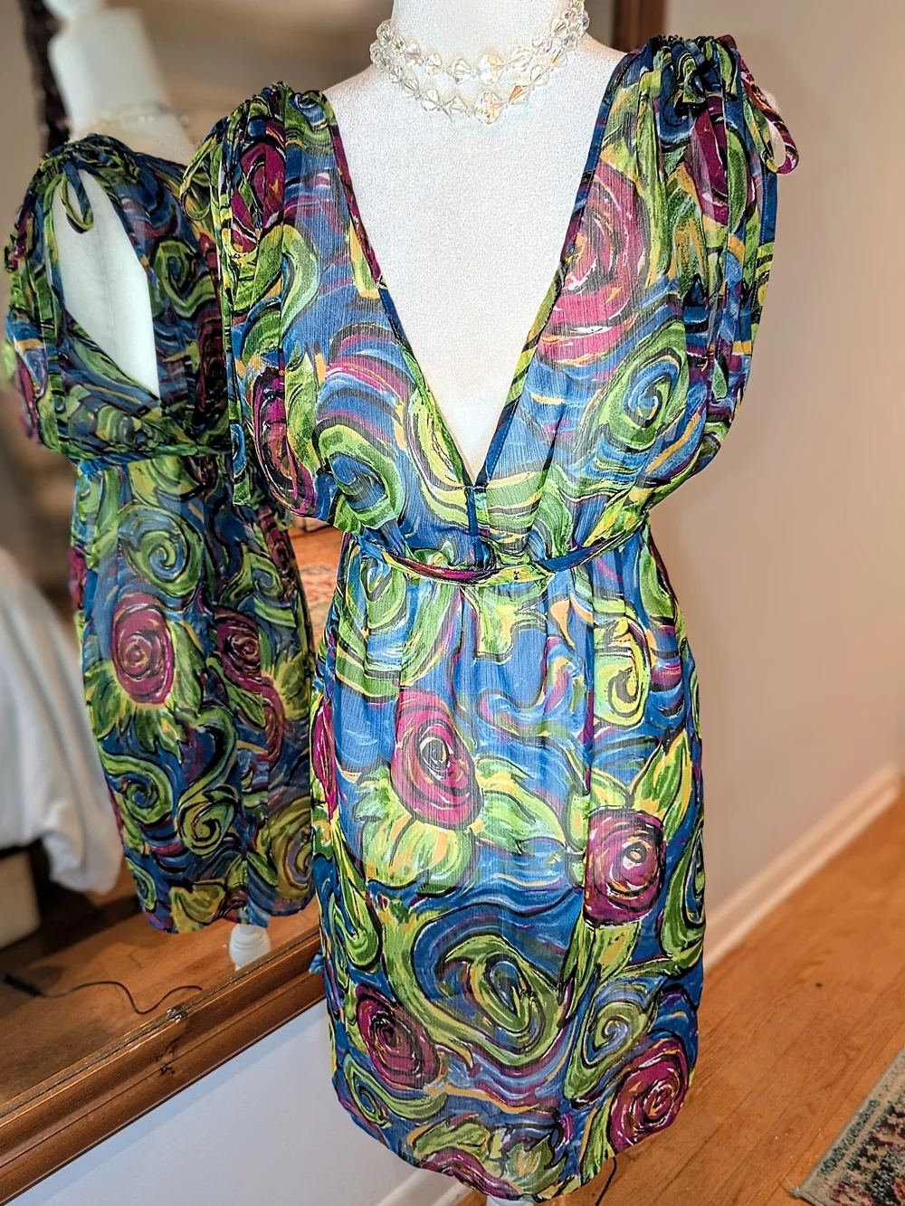 Sheer Floral V-Neck Swim Coverup in Blue & Green